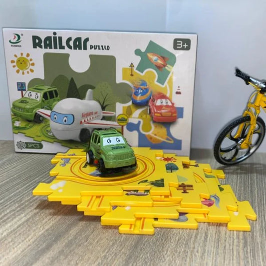 Puzzle Track Car Play Set | Diy Building Block Train Rail Car Toy